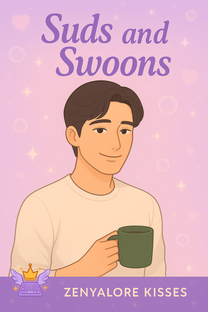 A romantic cartoon-style illustration of Cha Jun Hwan from Suds and Swoons. He has soft brown hair parted neatly, warm eyes, and a gentle smile. He’s wearing a cream t-shirt and holding a green mug like he’s about to confess something sweet (or silently judge your mug choice). The background is a swirl of sparkles, hearts, and soap bubbles in soft purple-pink tones. In the corner, the Zenyalore Kisses logo with a winged keyboard and crown adds a signature sparkle.