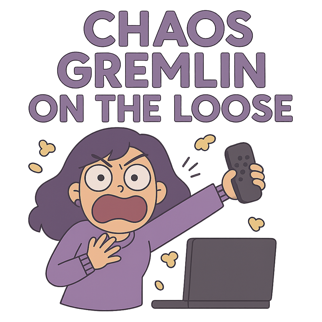 A cartoon-style digital illustration of a wide-eyed, open-mouthed girl in a purple shirt yelling while dramatically holding up a TV remote in one hand and clutching her chest with the other. Small chaos lines and puffs of energy surround her. A laptop sits nearby. Above her, bold purple text reads: “CHAOS GREMLIN ON THE LOOSE.” The background glows with dark purple and orange tones, emphasizing dramatic fangirl energy.