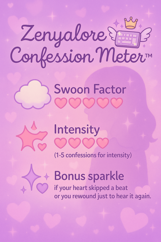 A pastel purple and pink infographic titled “Zenyalore Confession Meter™” with sparkles, hearts, and a winged keyboard with a crown. It features three rating categories: “Swoon Factor” with five pink heart icons, “Intensity” with one to five hearts representing the number of confessions, and “Bonus sparkle” for moments when your heart skipped a beat or you rewound the scene just to hear it again. The background includes a soft silhouette of a fangirl and floating hearts, adding dreamy romance to the visual.