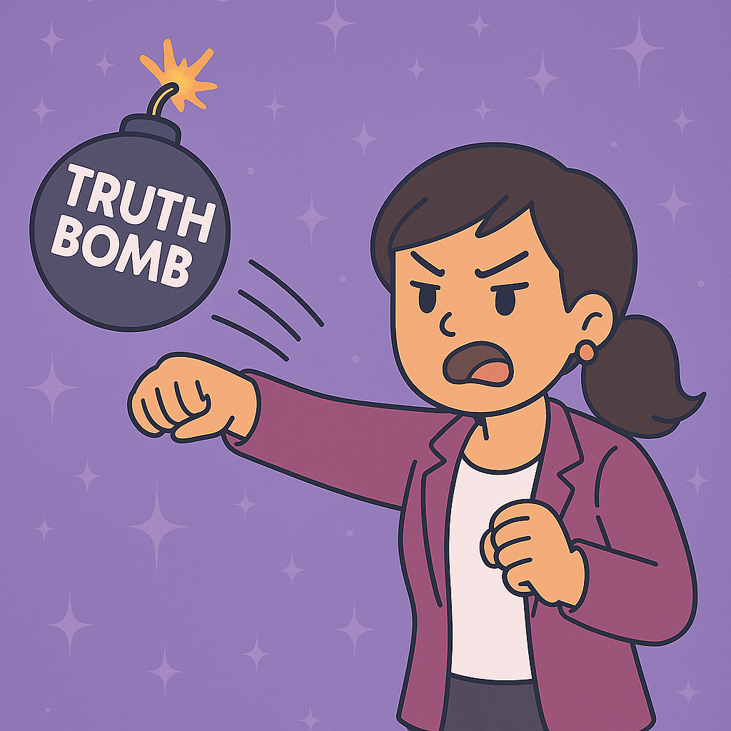 A digital illustration of a supporting female character mid-motion, tossing a glowing "Truth Bomb" with confident flair. She has her arm extended dramatically as the bomb—labeled “truth bomb” in bold text—flies through the air with sparkles trailing behind it. The visual style is manga-inspired with a pastel palette and soft dramatic lighting, evoking both humor and emotional intensity. Zenyalore Kisses blog badge is included in the corner.