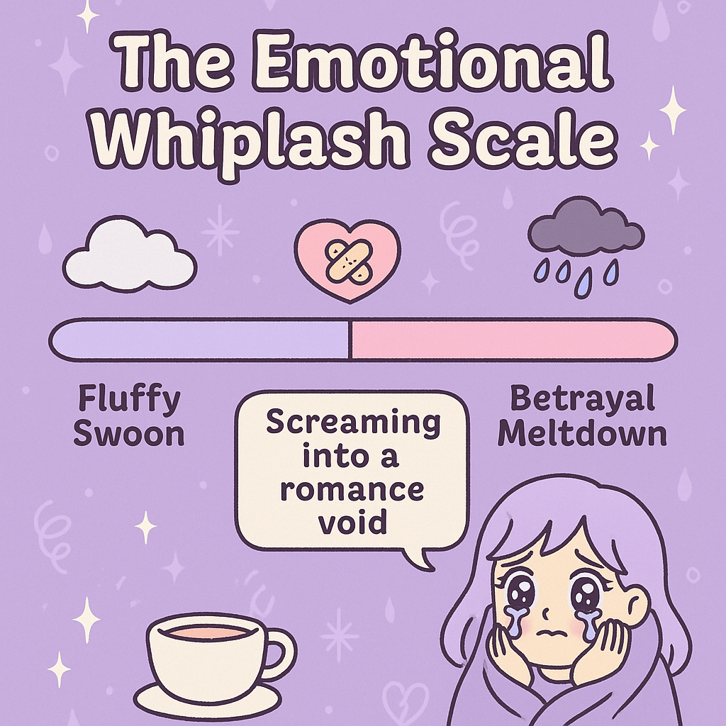 A pastel purple infographic titled “The Emotional Whiplash Scale,” decorated with sparkles, hearts, and teardrops. A horizontal scale runs from “Fluffy Swoon” on the left (with a soft cloud icon) to “Betrayal Meltdown” on the right (with a dark raincloud icon). In the center is a pink heart with a band-aid and a speech bubble that says, “Screaming into a romance void.” At the bottom right is a cartoon girl with lavender hair, crying dramatically, while a teacup and swirly sparkles sit to the left. The overall style is cute, manga-inspired, and whimsically emotional.