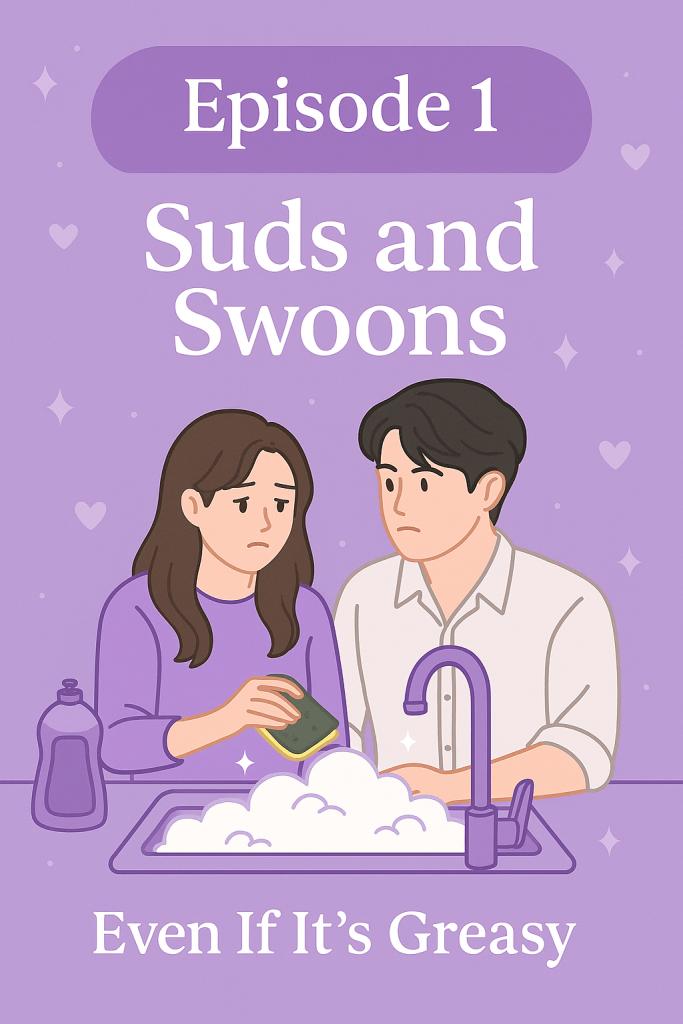 A pastel purple illustration featuring a cartoon couple at a kitchen sink overflowing with bubbles. The woman, wearing a purple top, holds a sponge and looks frustrated. The man beside her, in a white button-down shirt, looks equally annoyed. Above them, bold white text reads “Episode 1 – Suds and Swoons.” Below the sink, the episode title “Even If It’s Greasy” is written in white. The background is decorated with sparkles and hearts, evoking a romantic drama vibe.