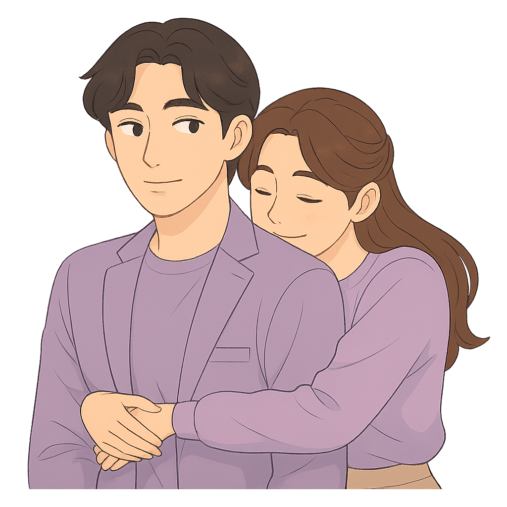 Illustration of a sweet back hug between a smiling woman and a man. The woman, with long brown hair and a gentle expression, rests her cheek against the man’s back, eyes closed in contentment. The man, wearing a purple blazer and shirt, looks slightly over his shoulder with a soft smile. The background fades to a warm, romantic gradient, highlighting the tenderness of the moment.