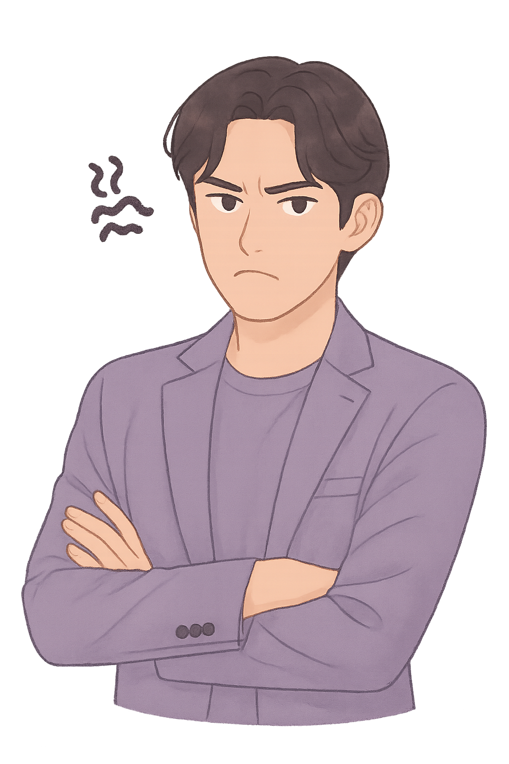 A digital illustration of a grumpy, jealous boyfriend character with dark hair, wearing a lavender blazer and shirt. He stands with arms crossed and an annoyed expression on his face. Wavy irritation lines float beside his head as he pouts in silent protest. The soft purple shading and glowing edges match a dreamy, K-drama-inspired style with dramatic flair.