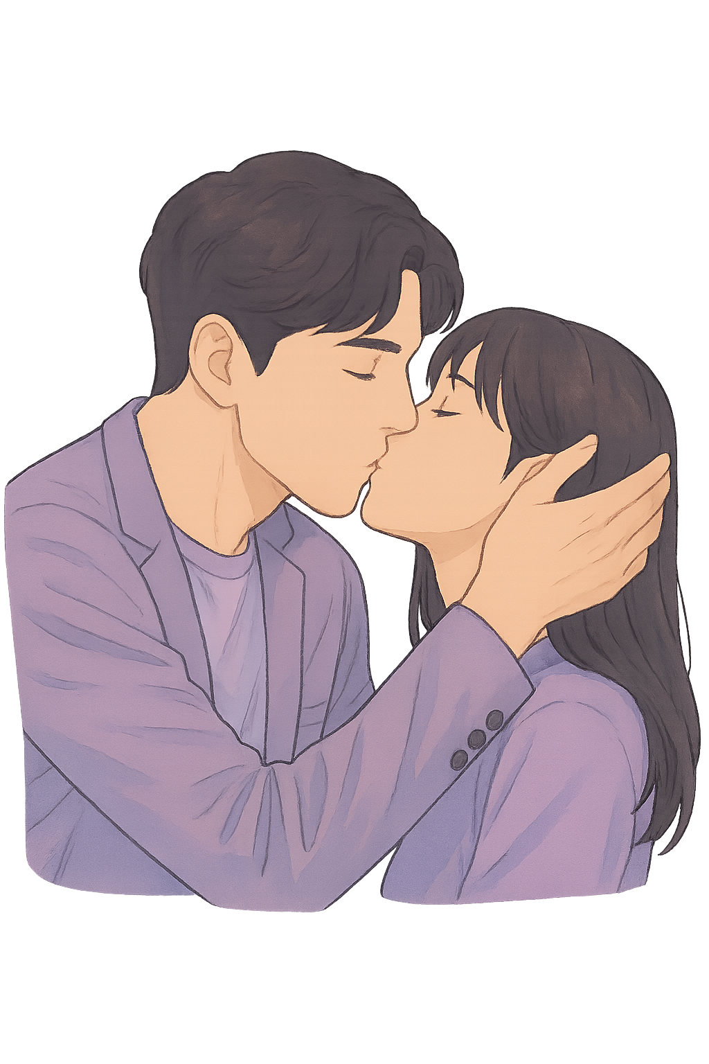 A softly lit digital illustration of a romantic kiss between a man and woman. The man gently cups the woman’s face with one hand while leaning in to kiss her. Both are dressed in matching muted purple outfits, with calm, affectionate expressions. The background fades to black, drawing focus to the emotional intimacy of the moment.