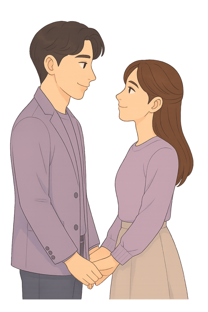 A digital illustration of a romantic couple standing and gazing lovingly into each other’s eyes while holding hands. The man wears a lavender blazer and shirt, and the woman wears a matching lavender sweater with a beige skirt. Both have gentle smiles and soft expressions. The artwork has a semi-anime style with warm tones and clean lines, conveying a sweet, intimate vibe.