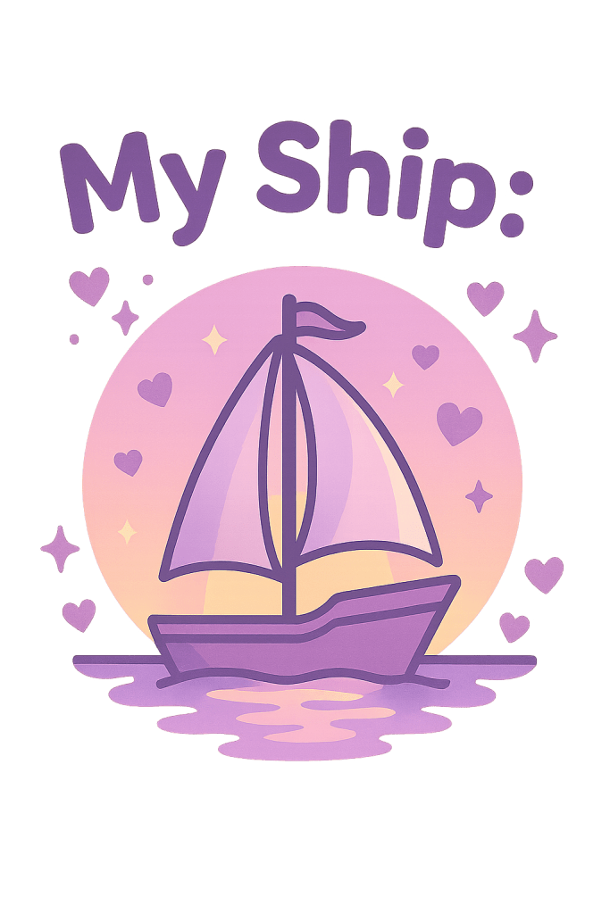 A dreamy, pastel illustration of a sailboat on gentle waters at sunset, surrounded by glowing sparkles and heart icons. Above the boat, the text reads “My Ship:” in playful, bold letters. The boat and background are done in soft purples, pinks, and golds, giving off a romantic and whimsical vibe—perfect for declaring your favorite fictional couple or OTP.