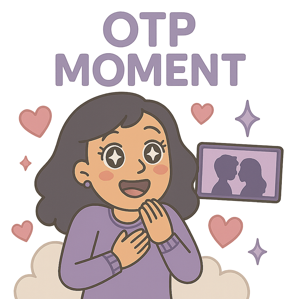 Cute cartoon illustration of a swooning fangirl with starry eyes and a huge smile, wearing a purple sweater and clutching her hands to her chest. Behind her, a screen shows a silhouetted couple about to kiss, surrounded by sparkles and pastel hearts. The words “OTP MOMENT” glow above her, capturing the pure joy of witnessing a perfect romantic scene unfold. 💜💫💋