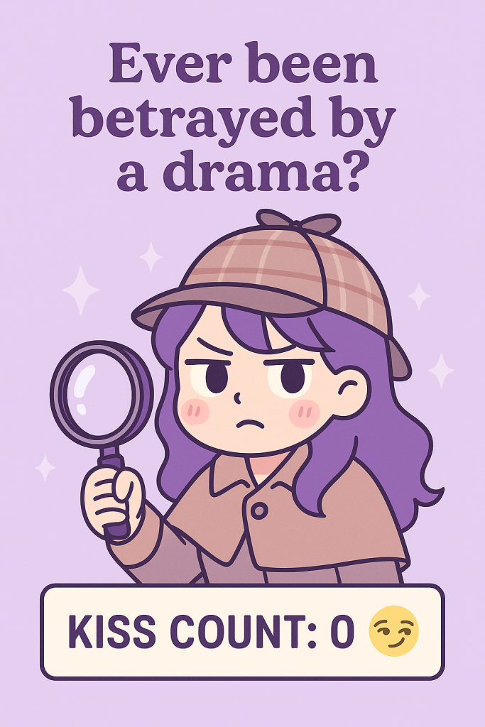 A manga-style pastel illustration of a purple-haired girl (Zen Fangirl) dressed like a detective in a light brown coat and plaid Sherlock-style hat. She holds a magnifying glass and looks suspiciously unimpressed. Above her, bold text reads: “Ever been betrayed by a drama?” Below her is a banner that says: “KISS COUNT: 0 😏” with sparkles scattered across the lavender background.