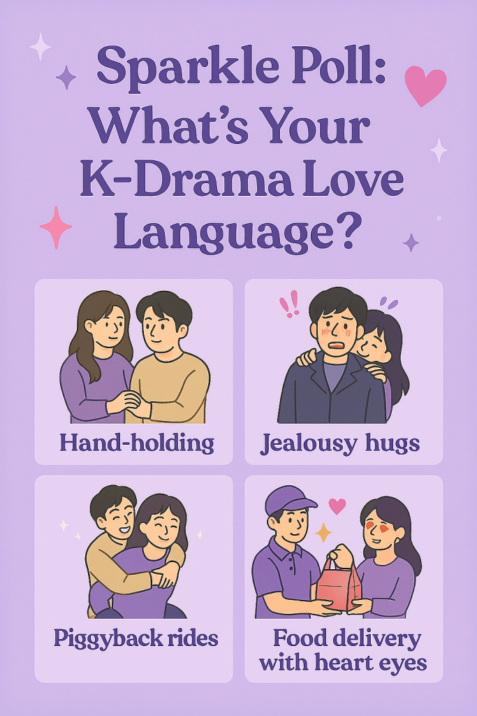 A pastel purple digital graphic titled “Sparkle Poll: What’s Your K-Drama Love Language?” features a cute heart and sparkle theme. Four illustrated answer options are displayed: a couple holding hands, a back hug with a flustered expression, a piggyback ride scene, and a romantic food delivery with heart eyes. The graphic has a playful, flirty vibe inspired by K-drama romance moments.