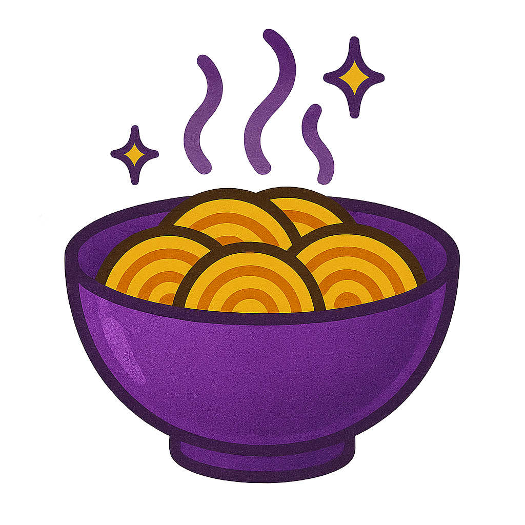 A steaming bowl of cartoon-style ramyun noodles in a deep purple bowl, with warm yellow noodles forming spiraled mounds. Three wavy lines of purple steam rise from the bowl, surrounded by two sparkly stars, all set against a soft orange background. The image has a warm, comforting, K-drama snack vibe.
