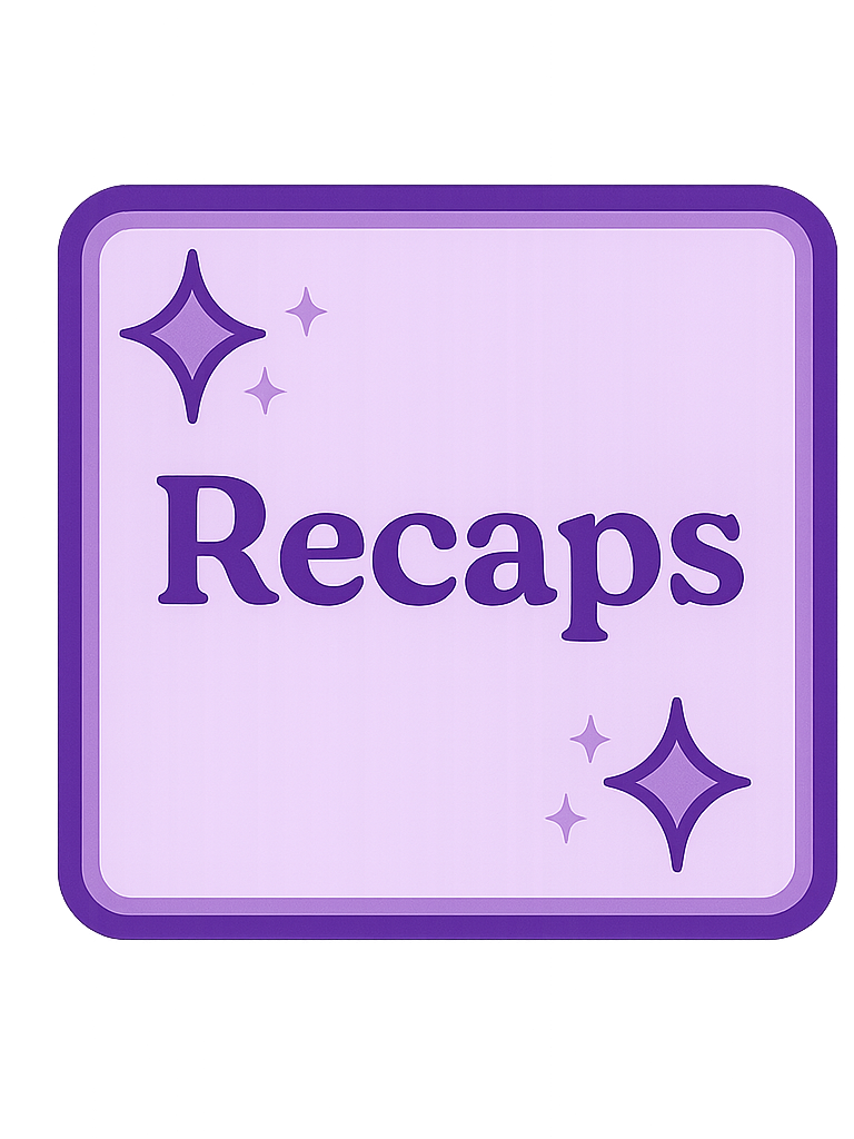 Square pastel purple button with a darker purple border and the word ‘Recaps’ in bold purple font at the center. Surrounded by twinkling sparkle icons in the corners, the design is soft and whimsical. Represents a link to the blog’s drama recap posts, filled with kiss breakdowns and fangirl joy.