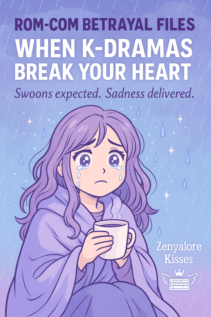A manga-style illustration of a sad, pastel-haired girl (Zen Fangirl) wrapped in a lavender blanket, holding a cup of tea. Tears stream from her big expressive eyes as she stares into the distance in heartbreak. Rain falls softly around her with sparkles and stars in the background. The text reads: “Rom-Com Betrayal Files: When K-Dramas Break Your Heart. Swoons expected. Sadness delivered.” The bottom right includes the Zenyalore Kisses blog badge with a keyboard, wings, and crown.
