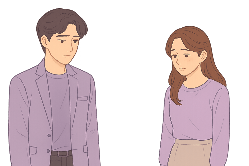 A digital illustration of a sad couple standing apart, facing each other with downcast expressions. The male lead, wearing a lavender blazer and shirt, looks heartbroken with his head slightly lowered. The female lead, dressed in a lavender sweater and beige skirt, mirrors his sadness with a quiet, somber gaze. The image uses soft pastel tones and a semi-anime art style, evoking a gentle, emotional moment of distance between the two.