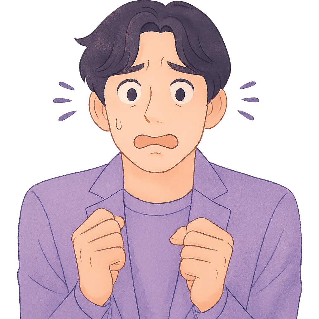 Cartoon-style illustration of a nervous young man with dark hair wearing a purple blazer and shirt. His eyes are wide with worry, a sweat drop is on his cheek, and he’s holding his clenched fists near his chest. Purple stress lines radiate from his head, emphasizing his anxious expression against a dark gradient background.