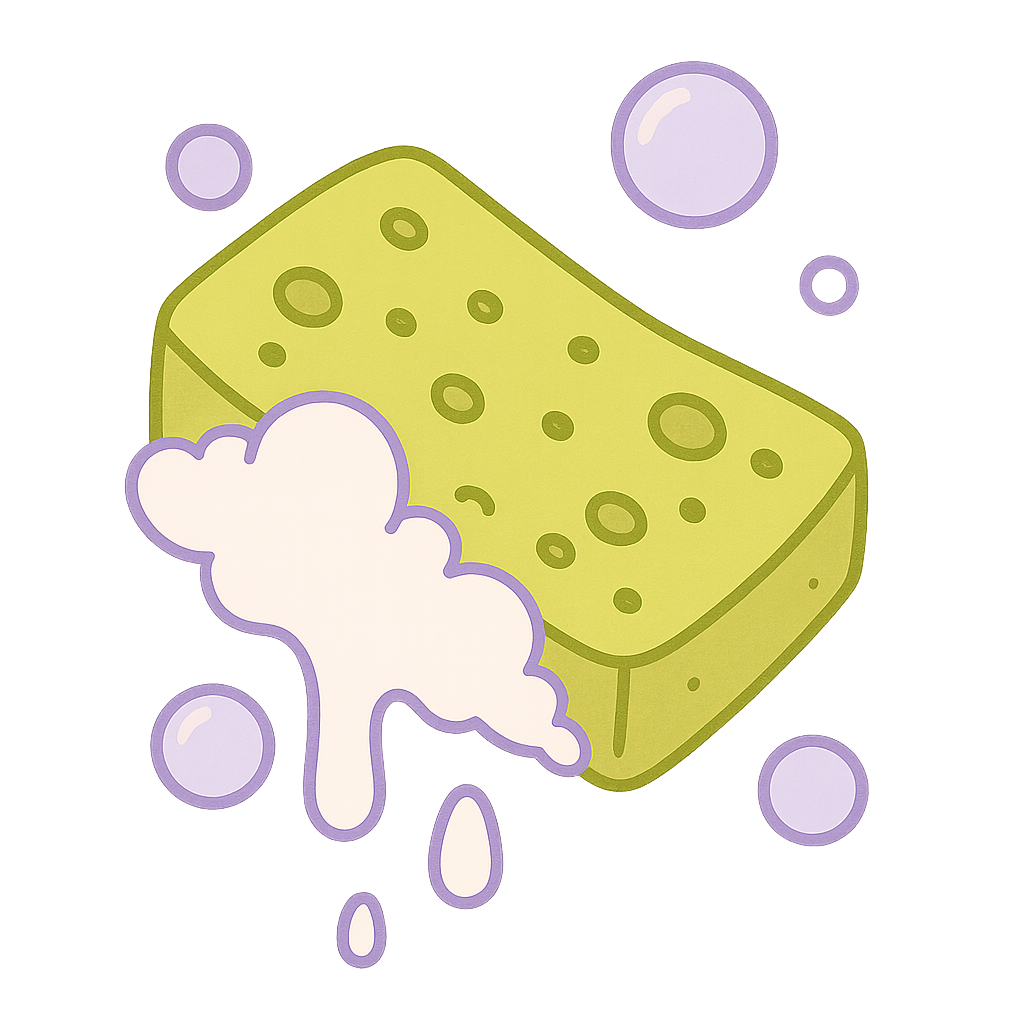 "A pastel purple cartoon-style sponge with soft yellow edges sits at the center, dripping sparkly white soap bubbles. More bubbles float gently around it against a transparent background. The graphic is light, cute, and bubbly, matching a soft K-drama romcom aesthetic."