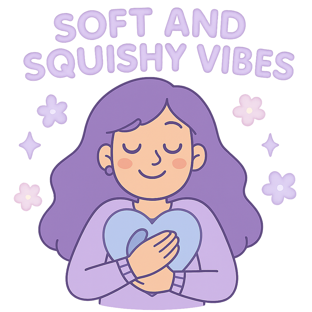 A pastel digital illustration with a soft purple glow. A smiling girl with long lavender hair hugs a blue heart to her chest, eyes closed in peaceful contentment. Around her are sparkles and flowers, with the phrase “SOFT AND SQUISHY VIBES” written above in bubble letters. The overall mood is cozy, affectionate, and full of gentle fangirl warmth.