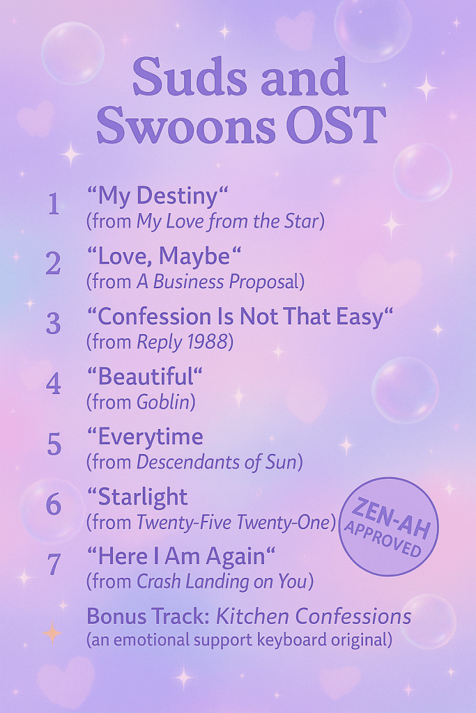 A pastel-themed graphic titled “Suds and Swoons OST” featuring a dreamy pink and purple background with sparkles, hearts, and bubbles. The list includes seven romantic K-drama OST songs:

“My Destiny” (My Love from the Star)

“Love, Maybe” (A Business Proposal)

“Confession Is Not That Easy” (Reply 1988)

“Beautiful” (Goblin)

“Everytime” (Descendants of the Sun)

“Starlight” (Twenty-Five Twenty-One)

“Here I Am Again” (Crash Landing on You)
With a bonus track: Kitchen Confessions, labeled as “an emotional support keyboard original.” A round stamp on the side reads “ZEN-AH APPROVED.”