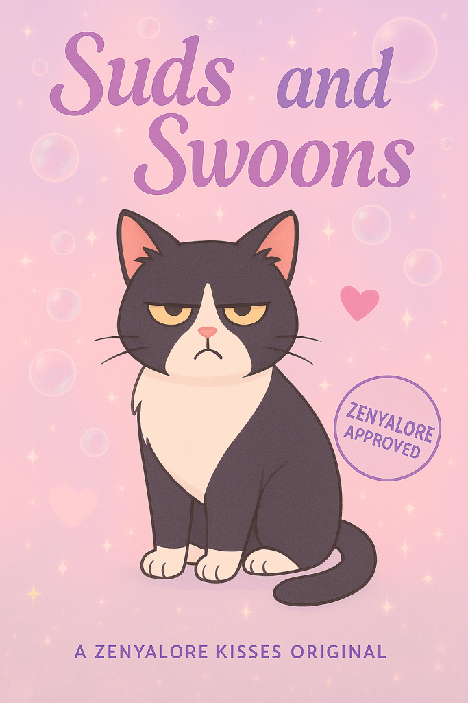 A cartoon-style illustration of Tofu, the unimpressed tuxedo cat from Suds and Swoons, sitting stoically in front of a dreamy bubble-and-sparkle pink background. With narrowed golden eyes and a serious case of Resting Judgey Face™, Tofu exudes quiet feline authority. A purple stamp that reads “Zenyalore Approved” sits beside him, as if he didn’t approve anything and we all just pretended he did. Beneath him, the tagline reads “A Zenyalore Kisses Original,” sealing his status as the series’ fluffiest, least-impressed icon.