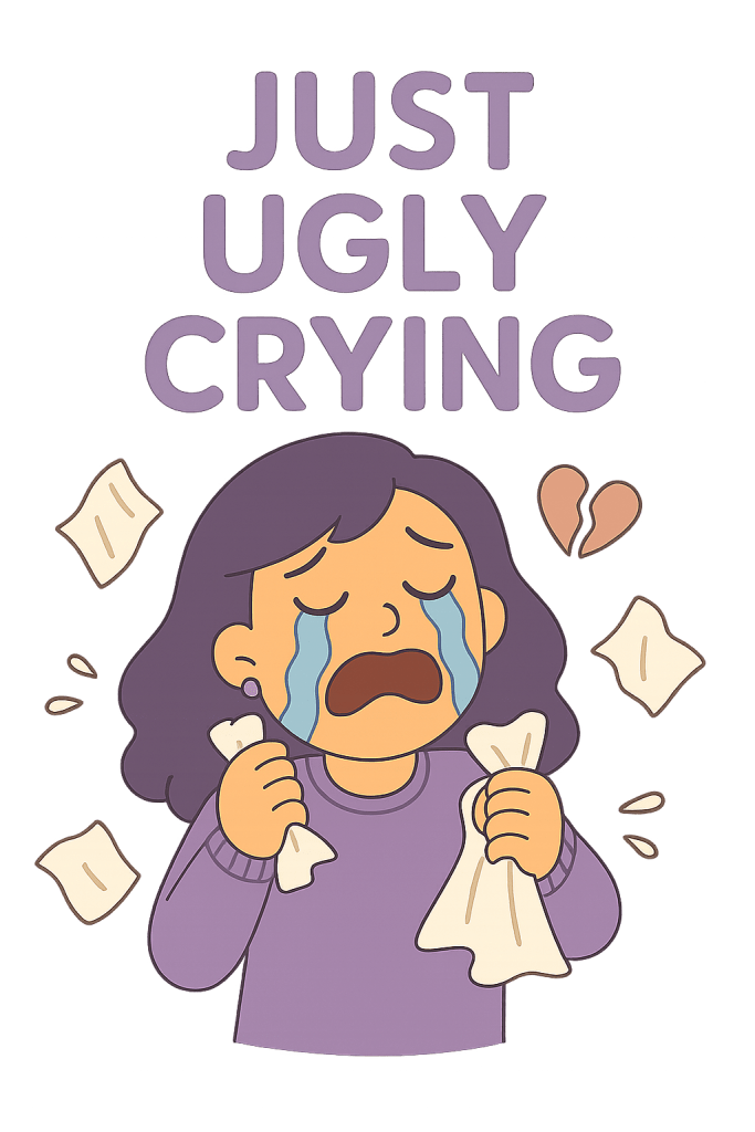 A cartoon-style woman with dark purple hair is sobbing dramatically, with large blue tears streaming down her face. She’s wearing a lavender sweater, clutching crumpled tissues in both hands, and surrounded by more flying tissues. A broken heart icon floats beside her, and above her head, the bold lavender text reads “JUST UGLY CRYING.” The illustration has a soft, glowing purple and peach-toned background, adding to the emotional intensity.
