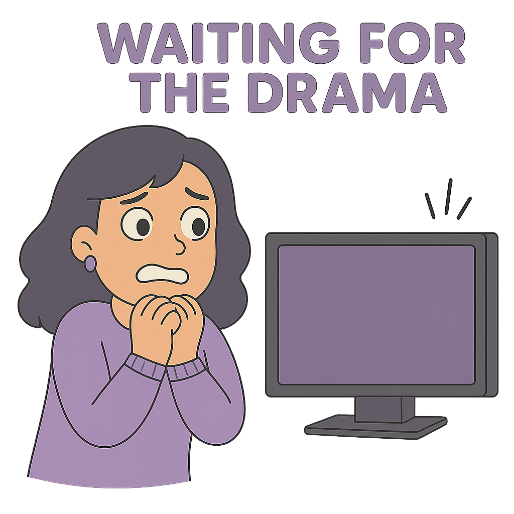 A cartoon-style woman with dark purple hair and a nervous expression watches a TV screen. She wears a lavender sweater, has her hands clasped near her mouth, and looks tense. Above her, the text reads "WAITING FOR THE DRAMA" in bold lavender letters. The color palette is soft purple and peach, with a glowing effect around the characters.