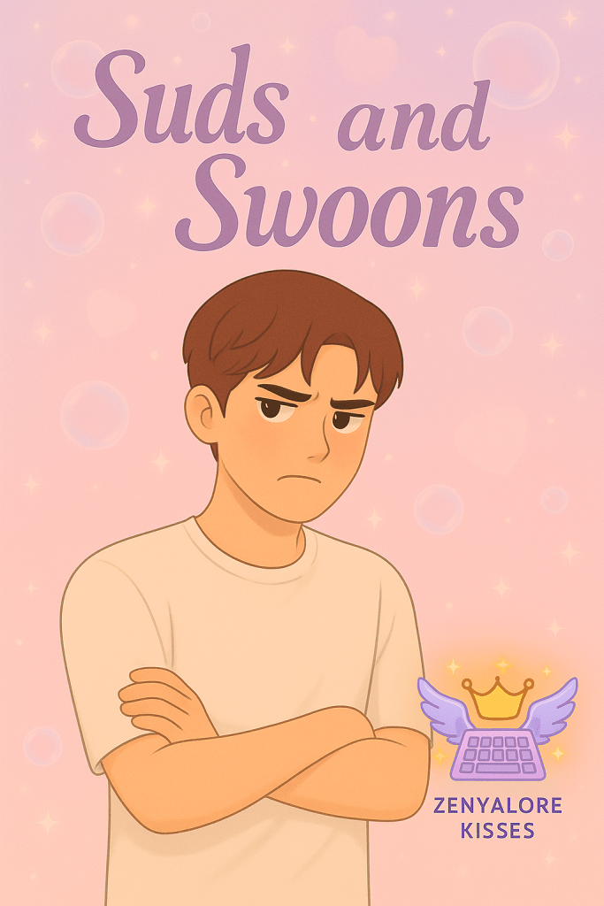 A cartoon-style illustration of Yoon Lu from Suds and Swoons, the perpetually unimpressed teenage son. He has short brown hair, a deep frown, and thick eyebrows locked in full judgment mode. With arms crossed and a scowl that says, “I’ve seen things… mostly soap-related,” Lu stands in front of a soft pink background filled with sparkles, bubbles, and just a hint of teen angst. The Zenyalore Kisses logo floats beside him like an adorable contradiction to his entire vibe.