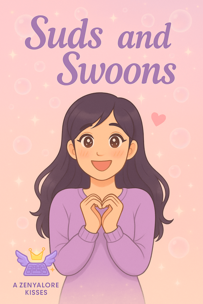 A soft, pastel illustration of Yoon Seo Ah from Suds and Swoons. She has long dark hair, big warm eyes, and a bright, hopeful smile. Dressed in a lavender top, she holds her hands in a heart shape in front of her chest. Bubbles and sparkles float around her on a pink background, with a pink heart near her head. In the corner, the Zenyalore Kisses logo features a winged crown-topped keyboard.