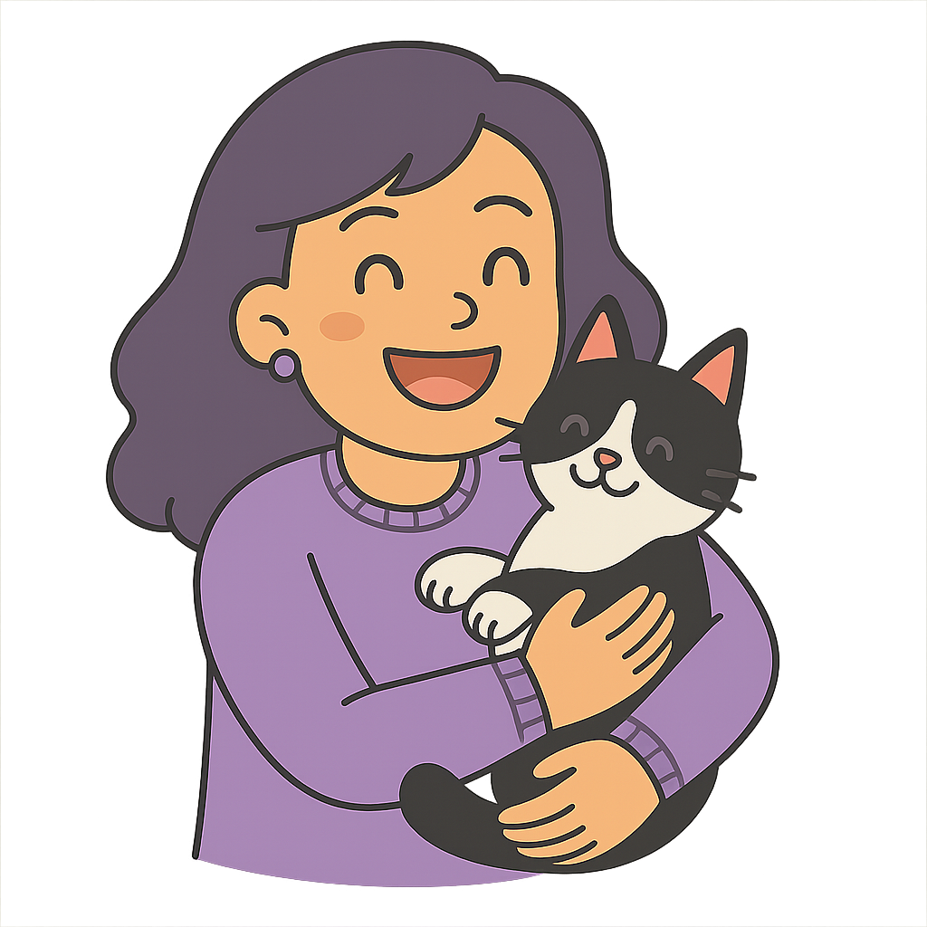 A cartoon-style woman with wavy dark purple hair beams with joy, eyes open, as she holds a smiling tuxedo cat close to her chest. She’s dressed in a lavender sweater with ribbed cuffs, and her earrings match her outfit. The cat looks content, its pink paws and little nose adding extra cuteness to the scene. The image has a transparent background and a soft, cozy color palette.