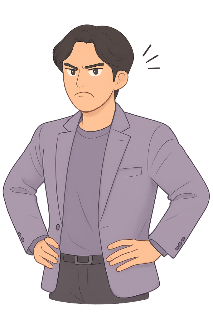 A digital illustration in a semi-anime style of a young man standing with his hands on his hips, looking deeply offended. He wears a lavender blazer over a matching shirt, with dark wavy hair and a furrowed brow. His expression is one of exaggerated disbelief or indignation, giving off strong “how dare you” energy. The art features soft pastel tones, clean lines, and a transparent background.