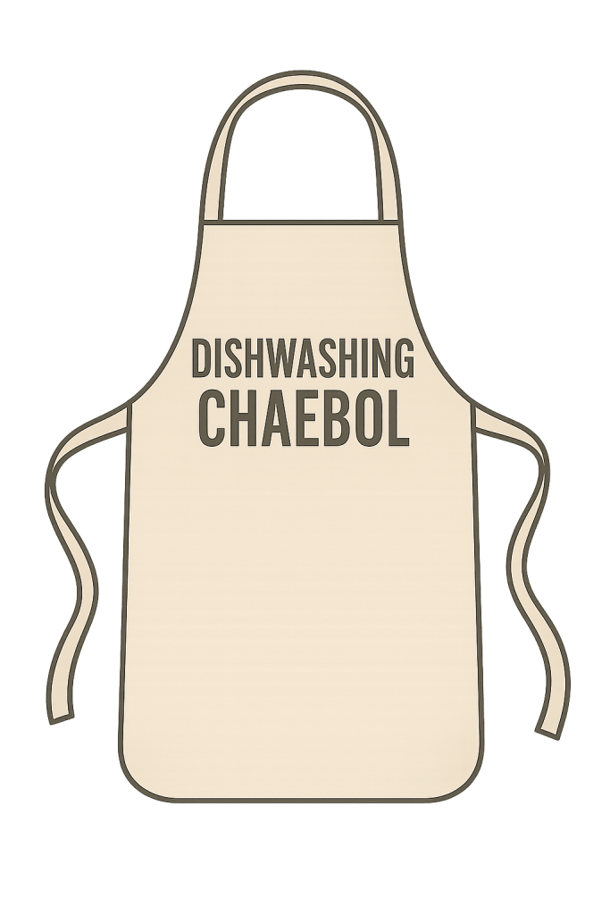 A flat digital illustration of a beige apron with a transparent background. The apron has neck and waist ties and features the bold, dark gray text “DISHWASHING CHAEBOL” across the chest area. The design is minimal, clean, and intended to be used as a standalone graphic element.