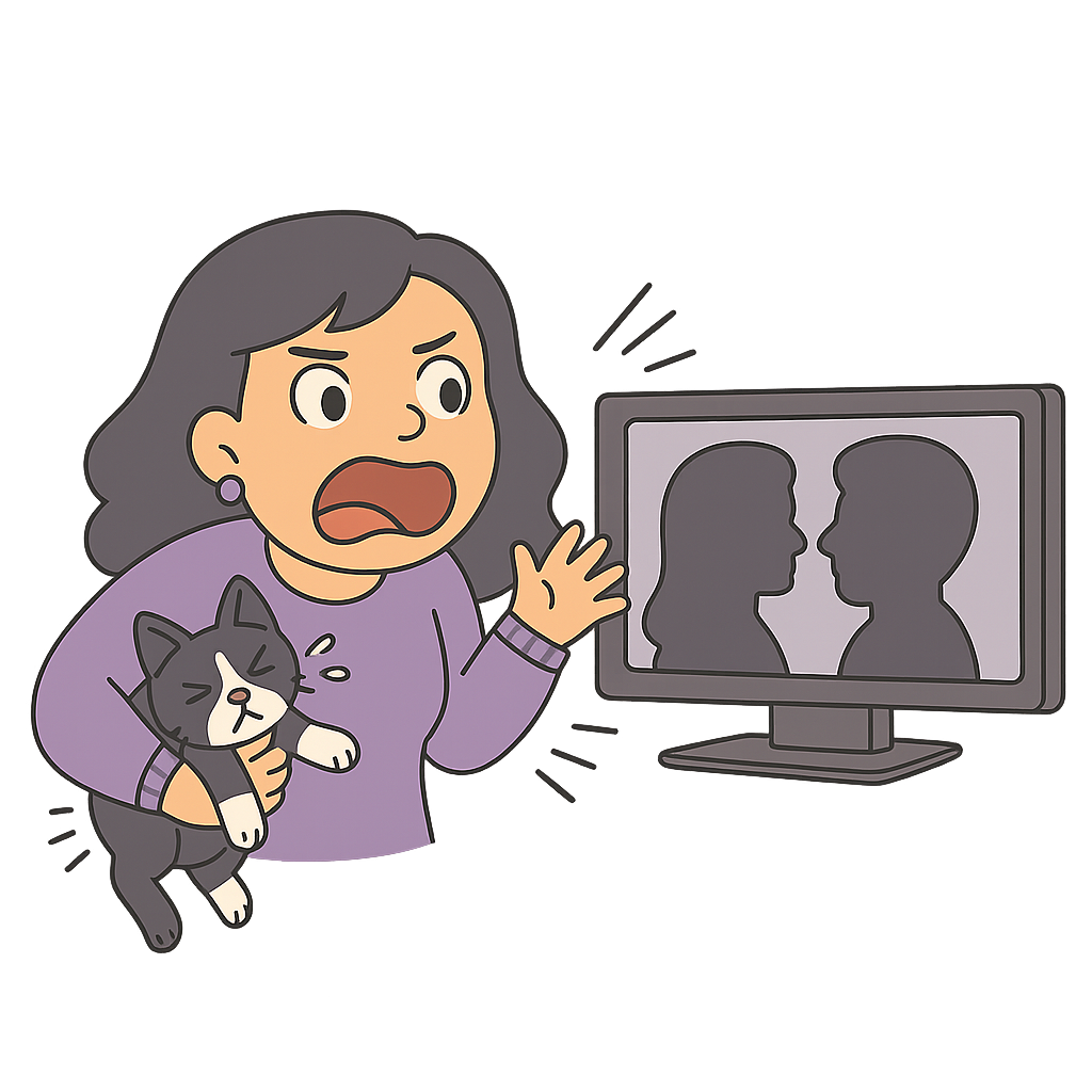A cartoon-style woman with dark purple hair yells at a TV screen while holding a black-and-white tuxedo cat. She wears a lavender sweater and has one arm extended toward the TV in frustration. The cat looks distressed, with its eyes closed and ears pinned back, clearly not enjoying the tight squeeze. On the screen, a silhouetted couple faces each other, suggesting a romantic moment. The illustration uses soft purple and peach tones with clean, bold outlines and a humorous, dramatic vibe.