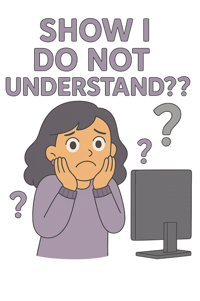A cartoon-style woman with dark purple hair and a confused expression sits in front of a blank TV screen. She’s wearing a lavender sweater and holds her face with both hands, looking lost and overwhelmed. Surrounding her are large, floating purple question marks, and above her, bold lavender text reads: “SHOW I DO NOT UNDERSTAND??” The overall tone is humorous and bewildered, with soft purple and peach colors creating a cozy, dramatic fan reaction vibe.