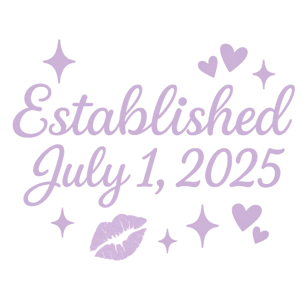 A soft purple graphic sticker with the text “Established July 1, 2025” in elegant, cursive lettering. The background features sparkles, hearts, and a kiss mark in various shades of pink and lavender, creating a dreamy, romantic atmosphere. Perfect for celebrating the founding date of a drama blog.