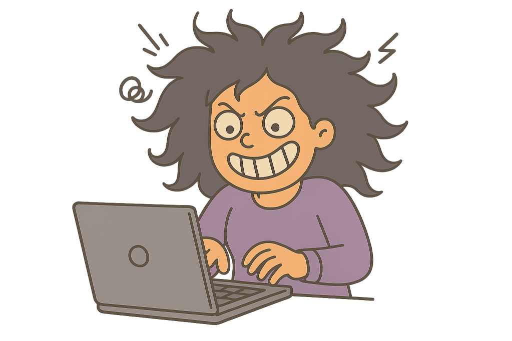 Cartoon-style illustration of Zen Fangirl with wild, chaotic hair and a crazed, maniacal grin, furiously typing on a laptop. She wears her signature purple sweater, eyes wide and intense, with exaggerated lines radiating from her head to emphasize the frantic energy.