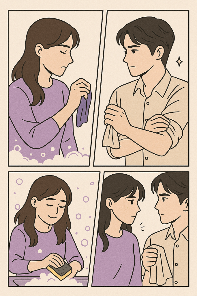 A four-panel manga-style illustration featuring a soft montage of domestic moments between the male and female leads of Suds and Swoons. Panel 1: The female lead gently pushes up the male lead’s sleeve. Panel 2: Soap suds fill the air as their hands briefly touch in the sink. Panel 3: A playful towel toss mid-cleanup shows growing comfort. Panel 4: A quiet shared glance lingers just a moment too long before they both look away. The atmosphere is cozy, intimate, and emotionally charged.