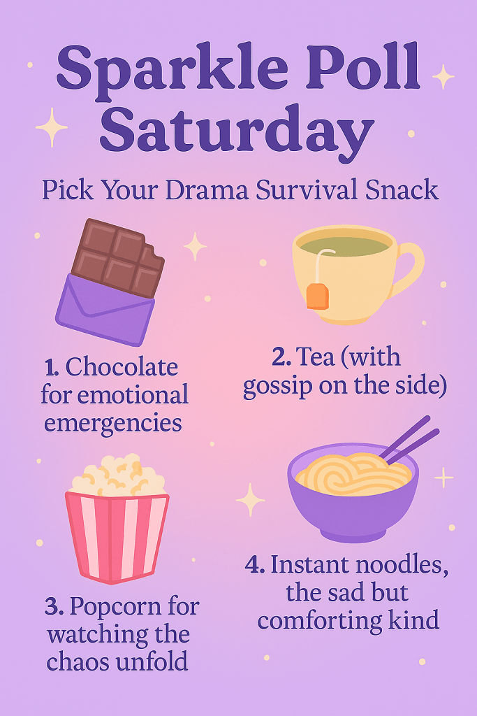 A pastel lavender and pink gradient graphic with sparkles and hearts. At the top, bold text reads “✨ Sparkle Poll Saturday ✨.” Beneath it, the text says “Pick Your Drama Survival Snack.” Four illustrated snack icons with labels are shown: 🍫 Chocolate for emotional emergencies, 🍵 Tea with gossip on the side, 🍿 Popcorn for watching the chaos unfold, and 🍜 Instant noodles, the sad but comforting kind. The Zenyalore Kisses blog badge is centered at the bottom. 🌸