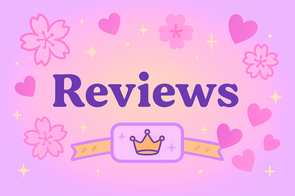 A pastel graphic titled "Reviews" in bold purple lettering. The background blends soft lavender and peach tones, decorated with sparkles, purple hearts, and pink cherry blossoms. A cute crown badge sits at the bottom center, tying the design into the Zenyalore Kisses visual theme.