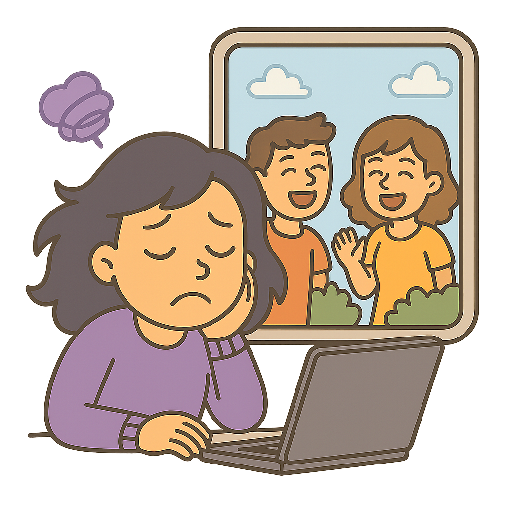 Cartoon-style illustration of Zen Fangirl in her signature purple sweater, sitting at a laptop indoors with her head resting on one hand, looking sad and downcast. Outside her window, two cheerful people are smiling and waving, enjoying a sunny day with blue skies and fluffy clouds. A small purple scribble cloud floats near her head, symbolizing her gloomy mood.