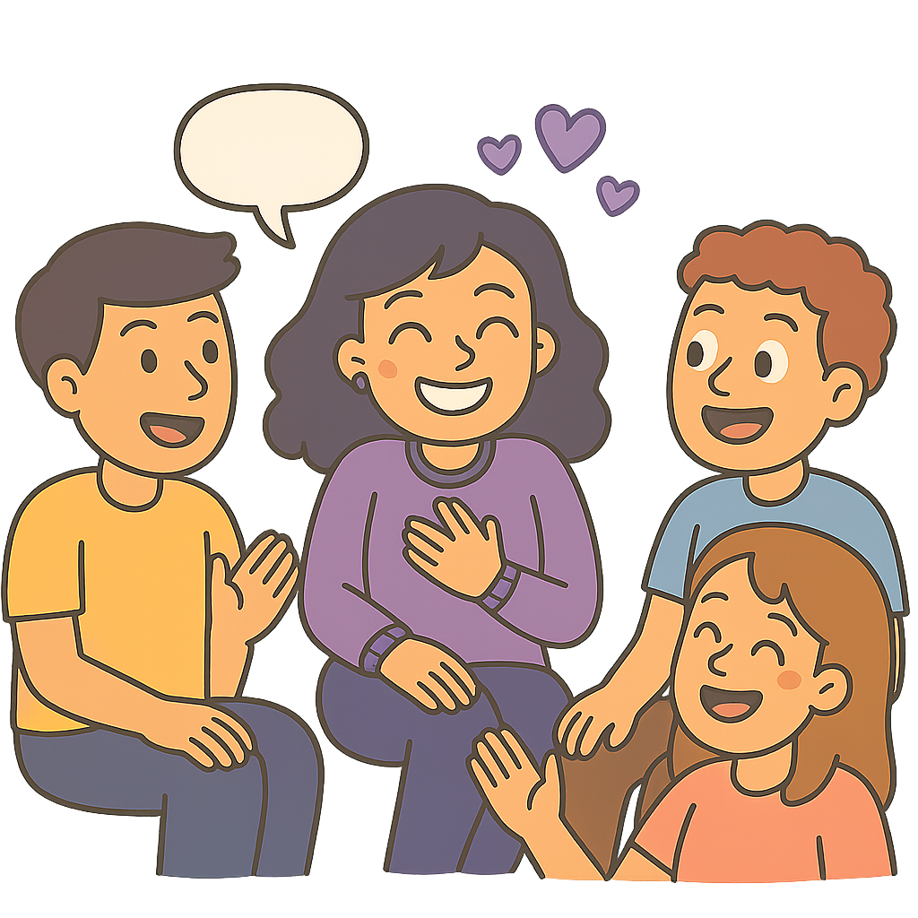 Cartoon-style illustration of Zen Fangirl in her signature purple sweater, sitting in a small group with three other people. She smiles brightly with one hand on her chest while the others, two men and one woman, laugh and gesture as they talk. Purple heart icons float above her head, showing her happiness and warmth in the lively conversation.