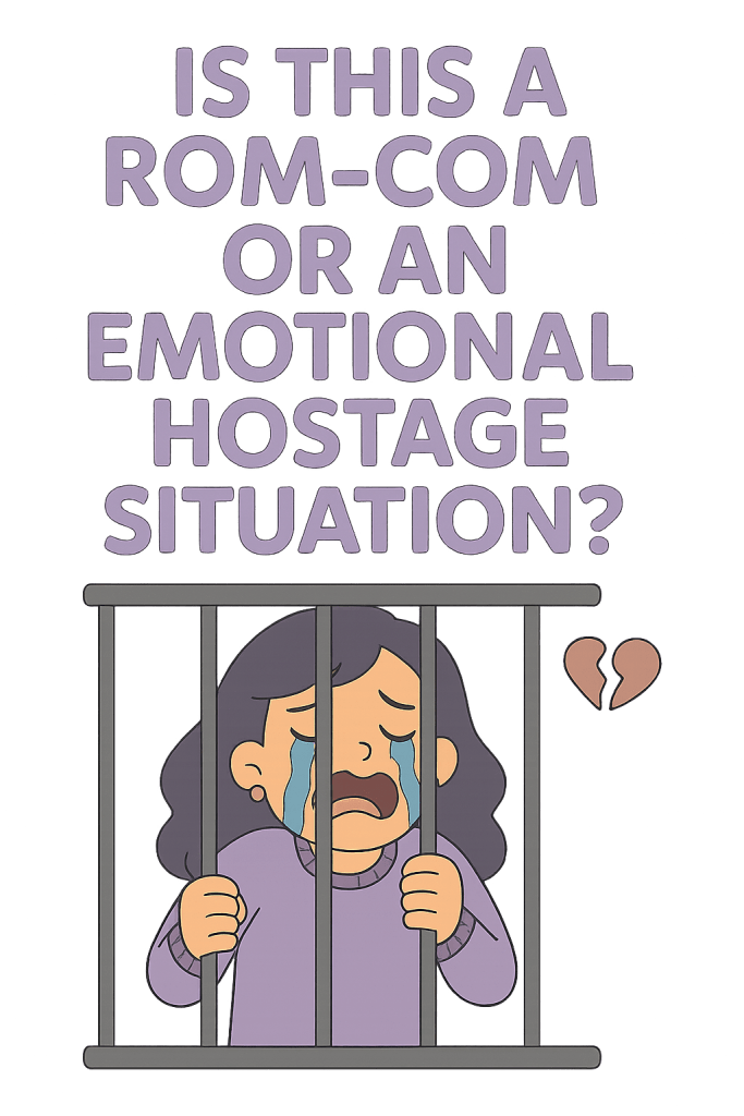 Illustration in soft purple tones showing a crying cartoon-style woman with long dark hair, clutching the bars of a jail cell. Large tears stream down her face as she looks distressed, with a broken heart symbol floating beside her. Above her, bold text reads: “IS THIS A ROM-COM OR AN EMOTIONAL HOSTAGE SITUATION?” The design uses a dramatic yet playful style to highlight the intensity of toxic or overly melodramatic romance moments.