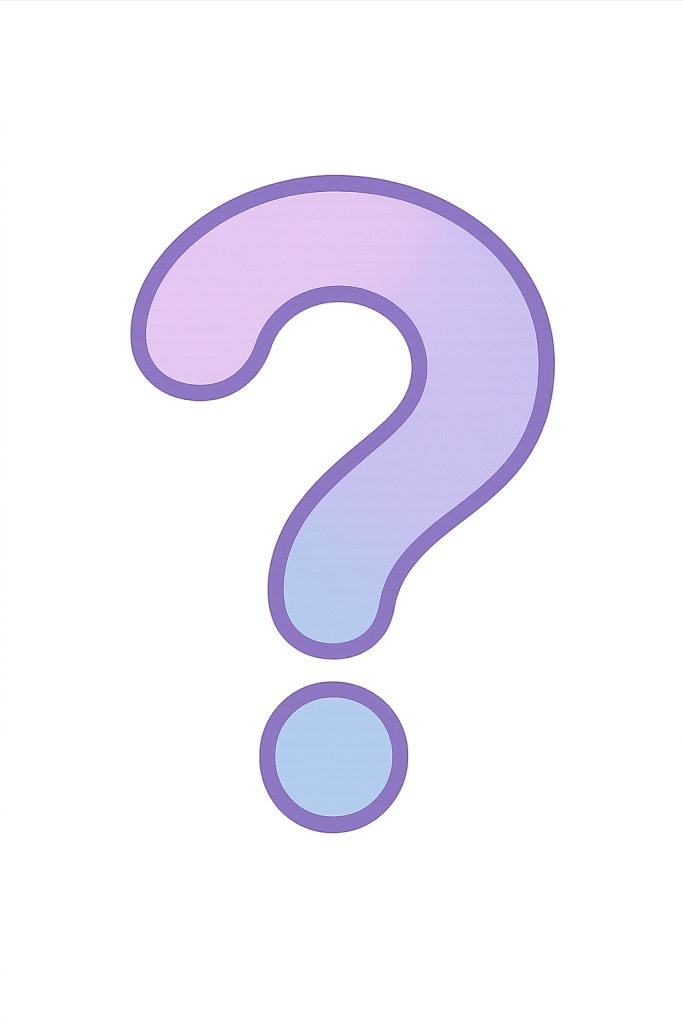 Large pastel question mark with a soft lavender and blush pink gradient, glowing with a subtle purple aura. The design has a transparent background, styled to match the dreamy, sparkly Zenyalore Kisses aesthetic.