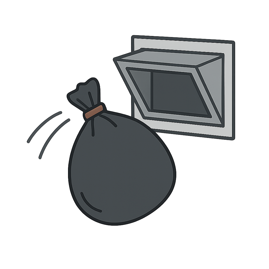Cartoon-style illustration of a black trash bag with tied handles being tossed into a gray wall-mounted trash chute. The bag has motion lines to show it being thrown. The image has a transparent background, designed in a simple, playful style.